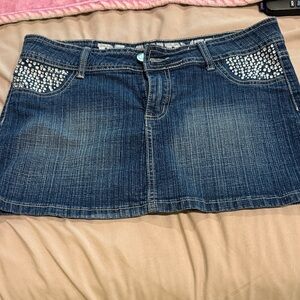 Denim Mini Skirt with Rhinestone Pocket Detail - Blue Playboy